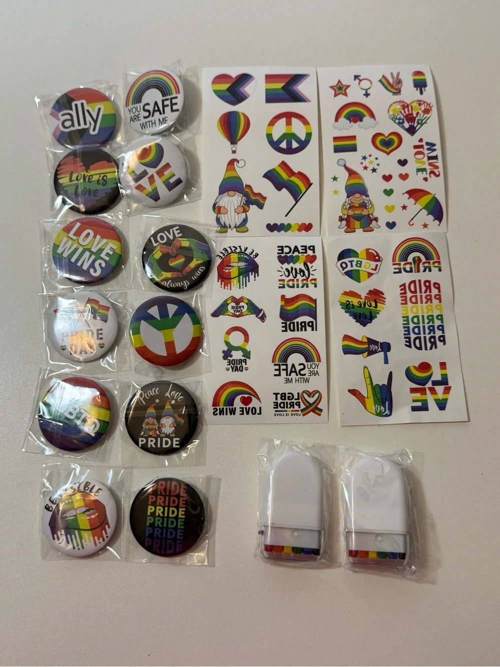 PRIDE Rainbow Button, Sticker, Face Paint Set